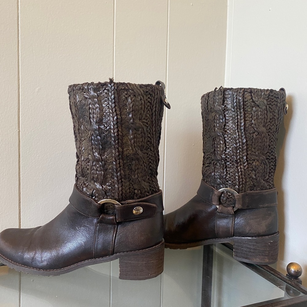 Stuart Weitzman Pimlico Womens Brown Lacquered Knit Mid Calf Boots - Picture 2 of 6